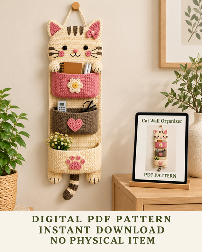 Crochet Cat Wall Organizer Pattern PDF – Kawaii Hanging Storage