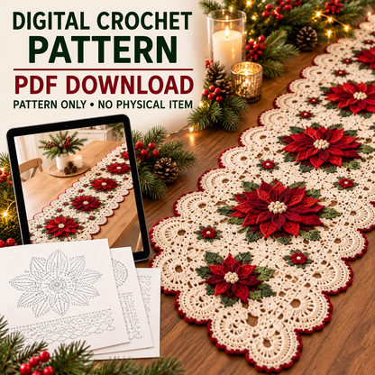 Christmas Poinsettia Crochet Table Runner Pattern – Holiday Lace Decor PDF