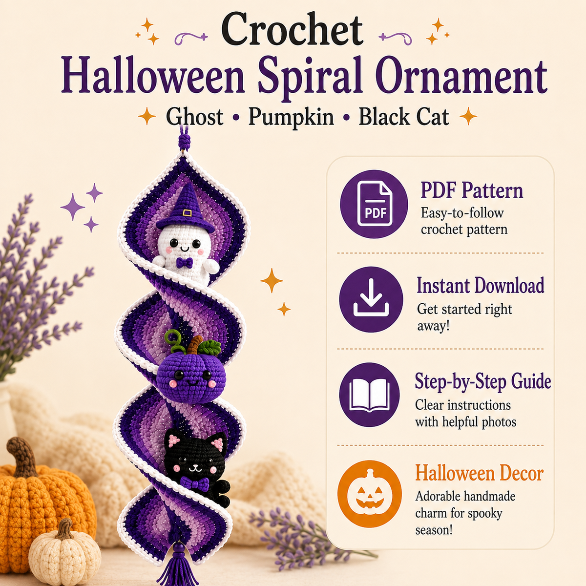 Halloween Crochet Spiral Wind Spinner Pattern PDF, Ghost Pumpkin Cat Amigurumi Spooky Hanging Decor Tutorial