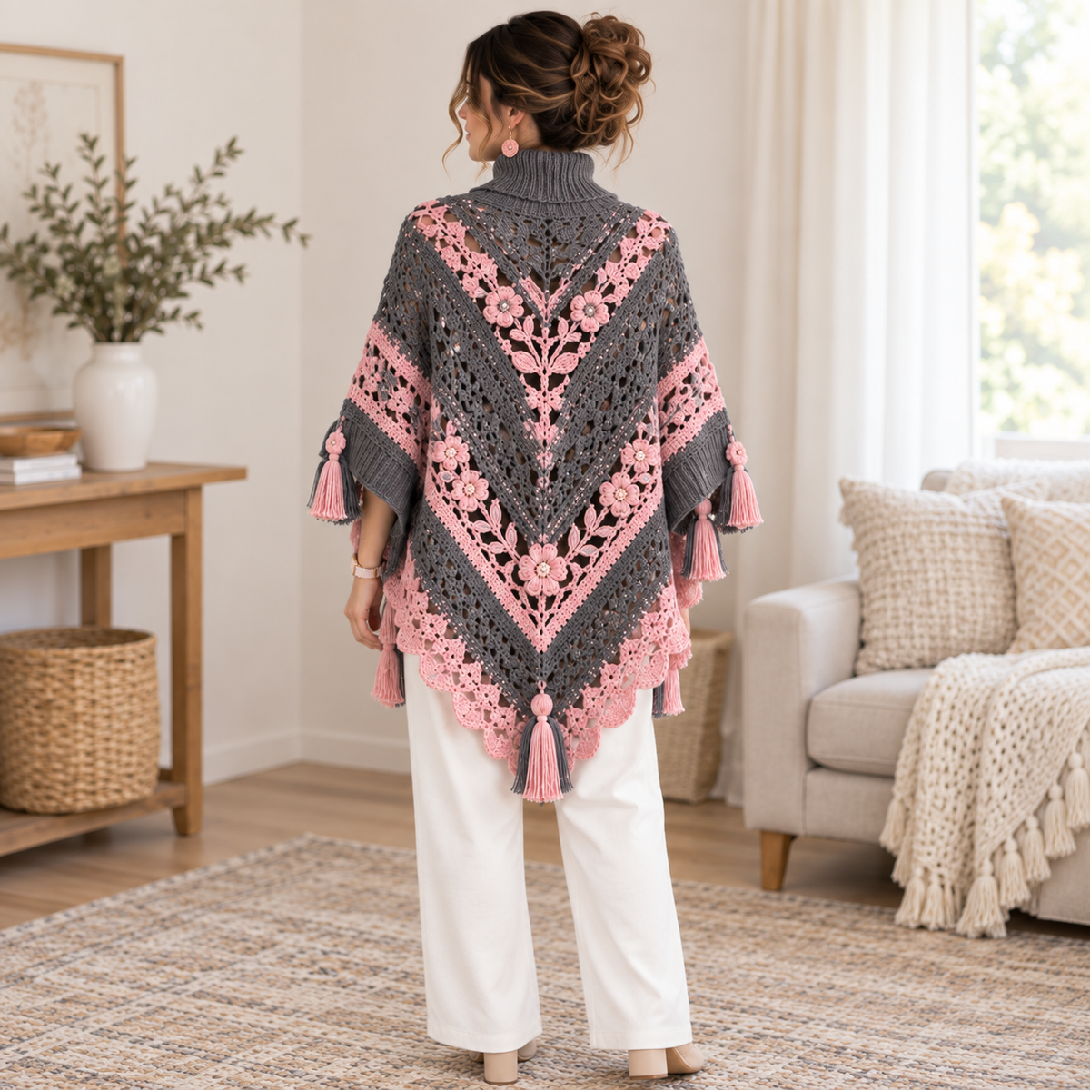 Rosewood Floral Crochet Poncho Pattern PDF – Boho Turtleneck Cape