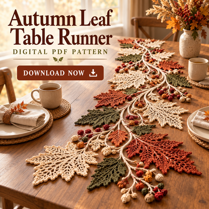 Autumn Leaf Table Runner Crochet Pattern PDF – Fall Lace Runner & Coasters