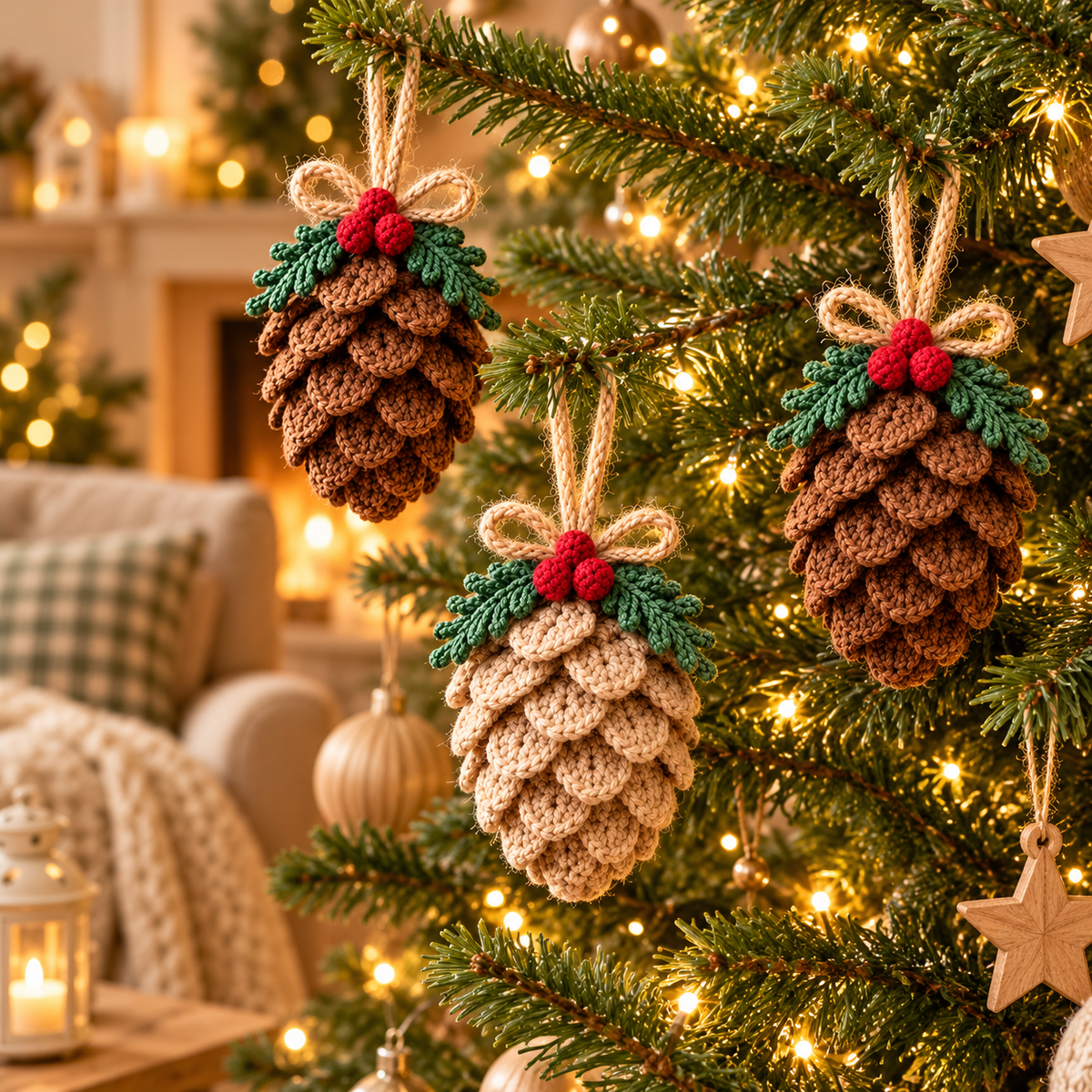 Crochet Pinecone Christmas Ornament Pattern PDF, Rustic Woodland Tree Decor