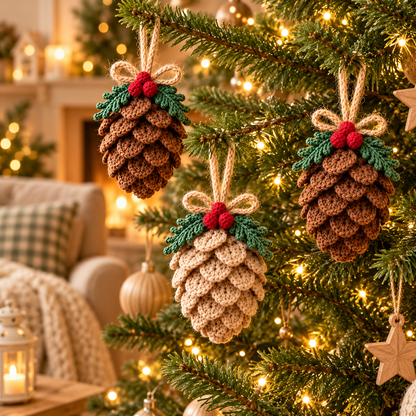 Crochet Pinecone Christmas Ornament Pattern PDF, Rustic Woodland Tree Decor