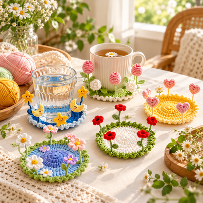 Crochet Pop Up Coaster Pattern Bundle PDF – 16 Flower, Mushroom & 3D Designs