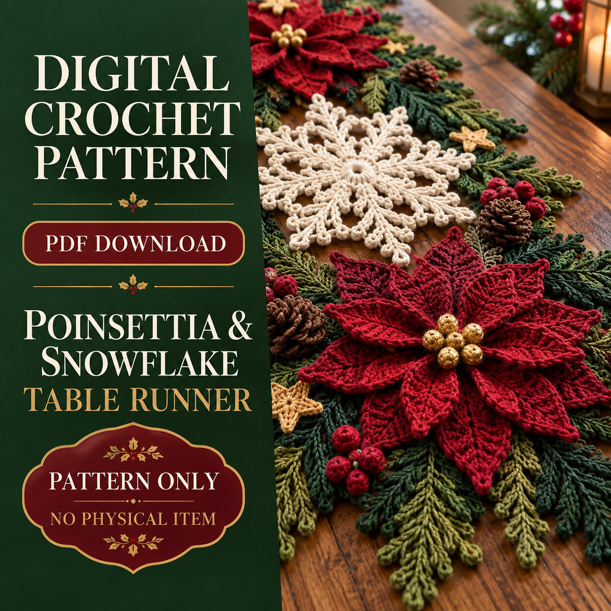 Poinsettia Snowflake Table Runner Crochet Pattern – Christmas Decor PDF