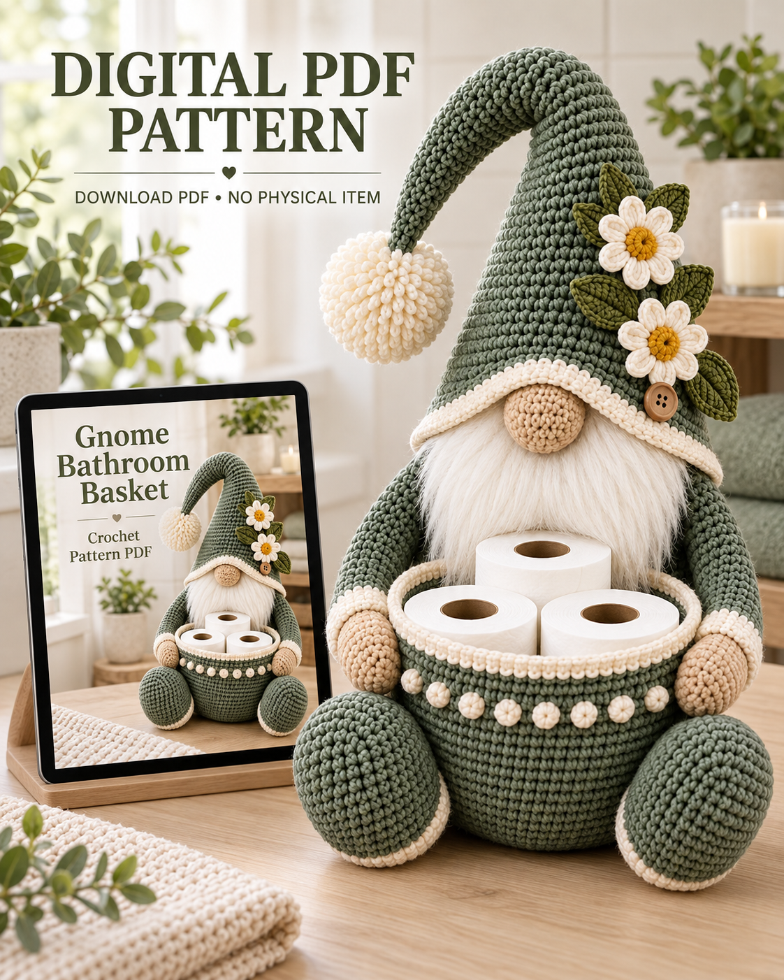 Gnome Toilet Paper Holder Crochet Pattern PDF – Bathroom Storage Basket