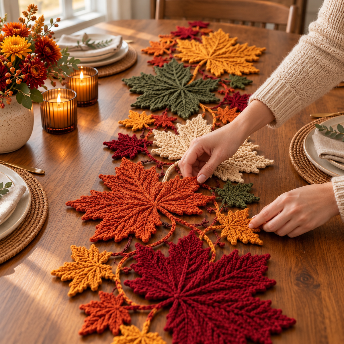 Maple Leaf Crochet Table Runner Pattern PDF – Autumn Botanical Decor