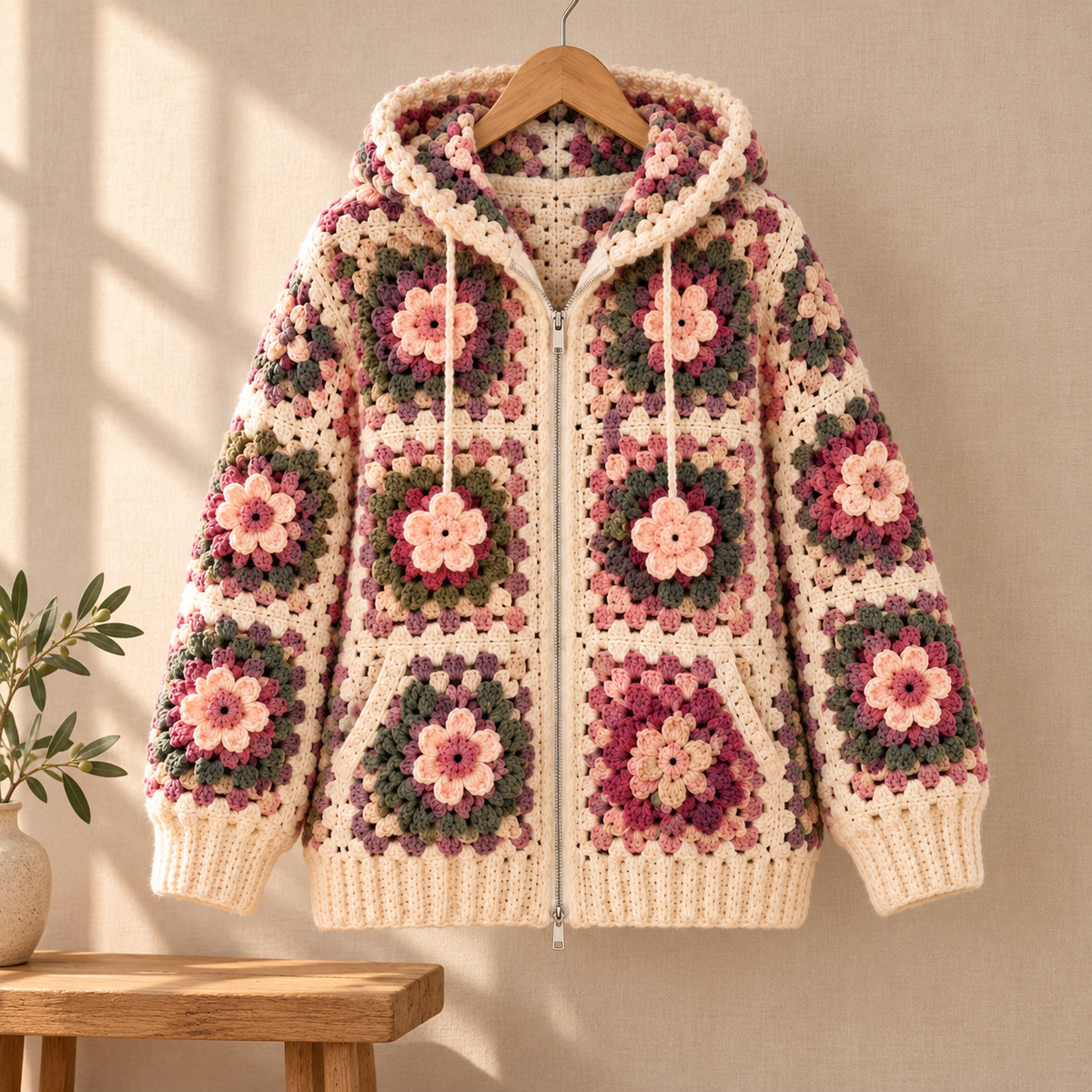 Floral Granny Square Hoodie Crochet Pattern PDF, 3D Flower Zip Up Cardigan, Adult M/L