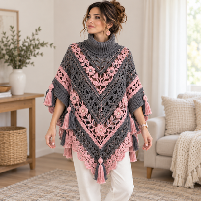 Rosewood Floral Crochet Poncho Pattern PDF – Boho Turtleneck Cape