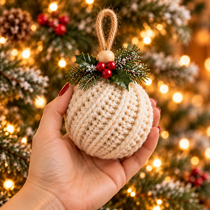 Crochet Christmas Ornament Pattern PDF, Twisted Rib Bauble, Wooden Bead & Linen Bow