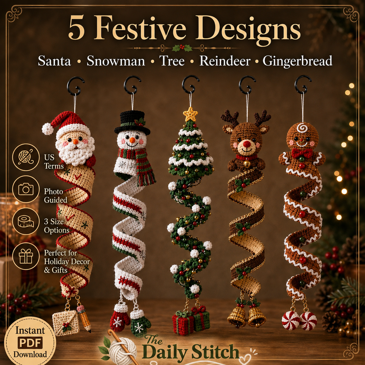 Christmas Spiral Ornament Crochet Pattern PDF | 5 in 1 Santa Snowman Reindeer Gingerbread Tree | Amigurumi Hanging Decor Digital Download