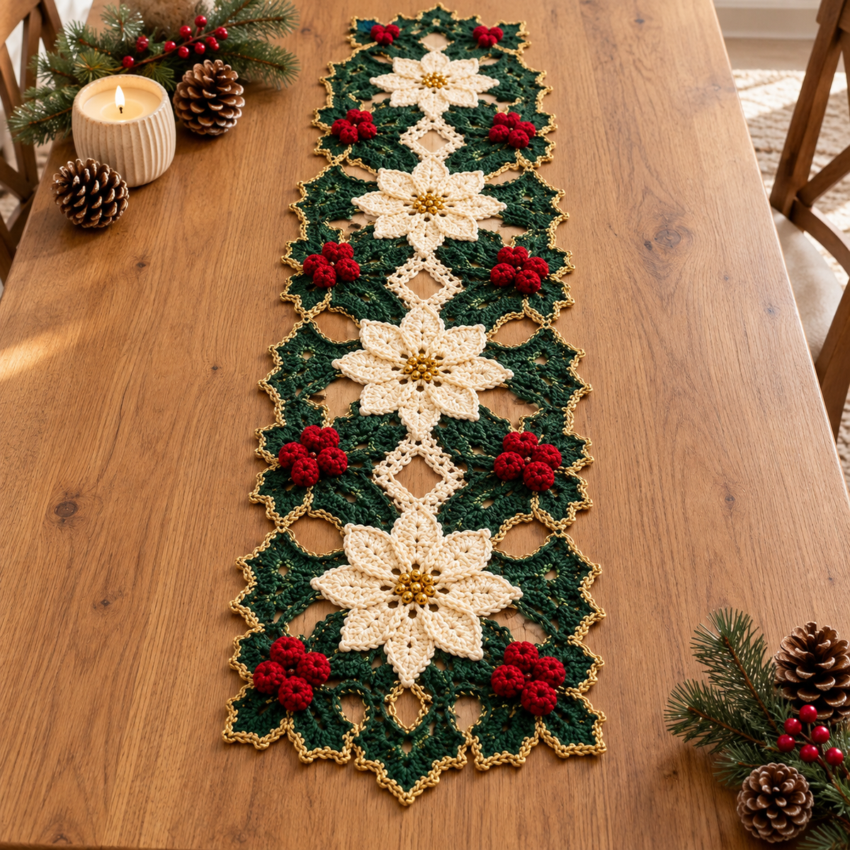 Christmas Crochet Table Runner Pattern PDF, Poinsettia Holiday Table Decor