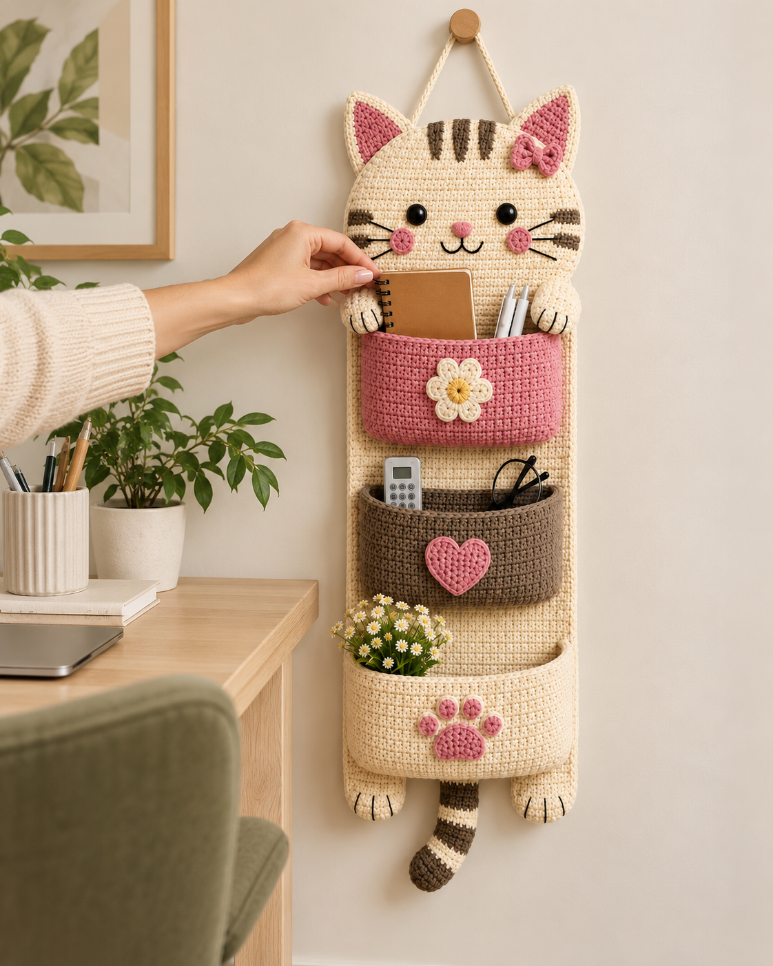 Crochet Cat Wall Organizer Pattern PDF – Kawaii Hanging Storage