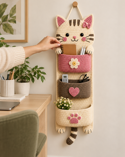 Crochet Cat Wall Organizer Pattern PDF – Kawaii Hanging Storage