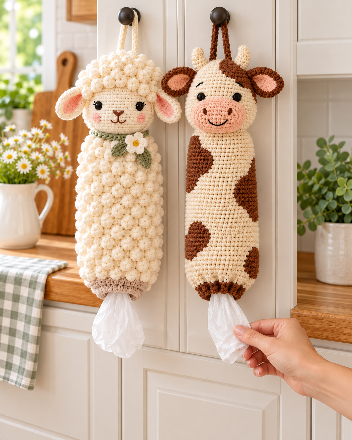 Sheep & Cow Crochet Bag Holder Patterns PDF – Farmhouse Kitchen Decor