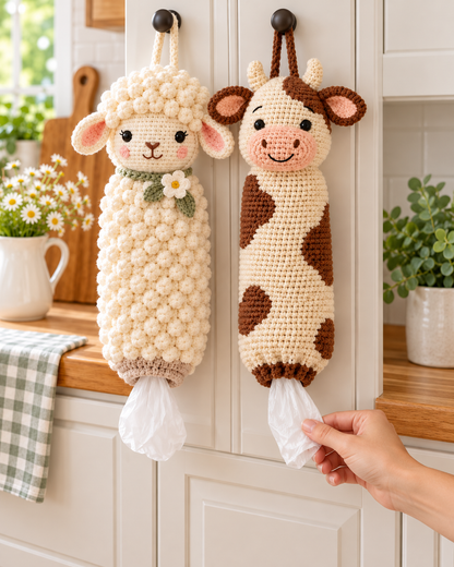 Sheep & Cow Crochet Bag Holder Patterns PDF – Farmhouse Kitchen Decor