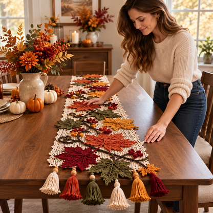 Autumn Maple Leaf Crochet Table Runner Pattern – Fall Thanksgiving Decor PDF