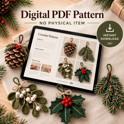 Christmas Crochet Ornament Pattern Bundle PDF – Pinecone, Holly & Mistletoe