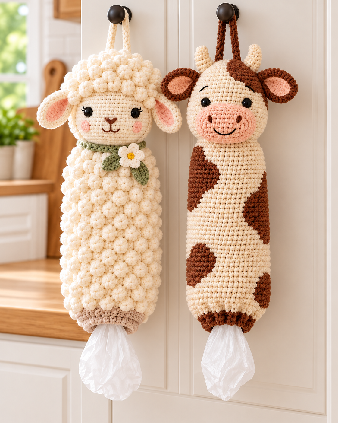 Sheep & Cow Crochet Bag Holder Patterns PDF – Farmhouse Kitchen Decor