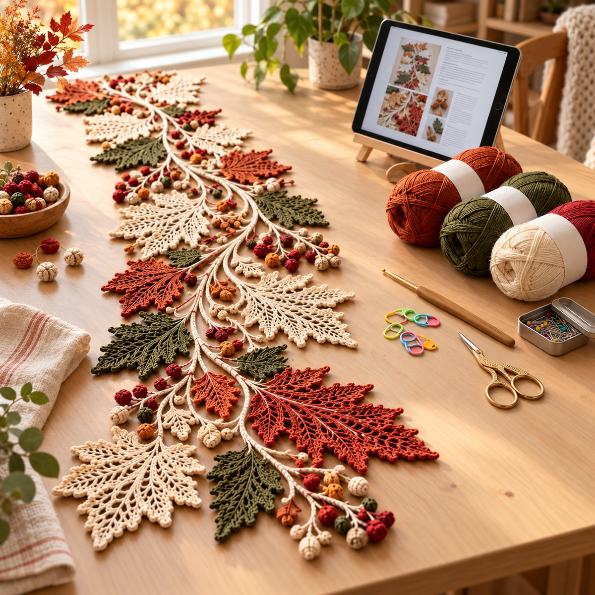 Autumn Leaf Table Runner Crochet Pattern PDF – Fall Lace Runner & Coasters