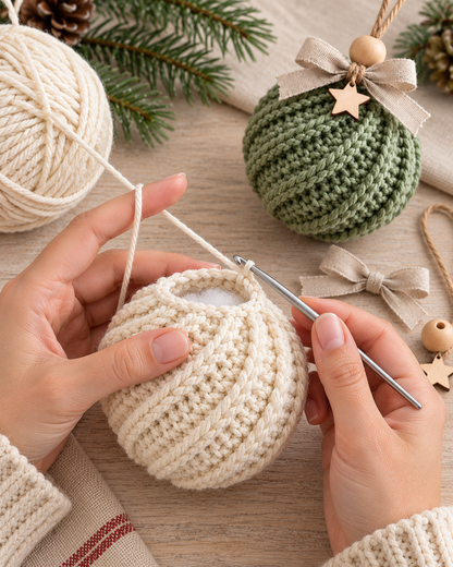 Crochet Christmas Bauble Pattern PDF – Twisted Rib Ornament with Bow