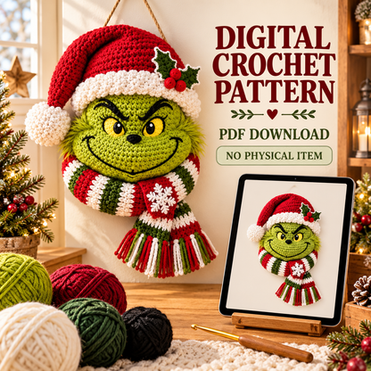 Grinch Crochet Pattern PDF – Christmas Door Wreath & Holiday Door Hanger