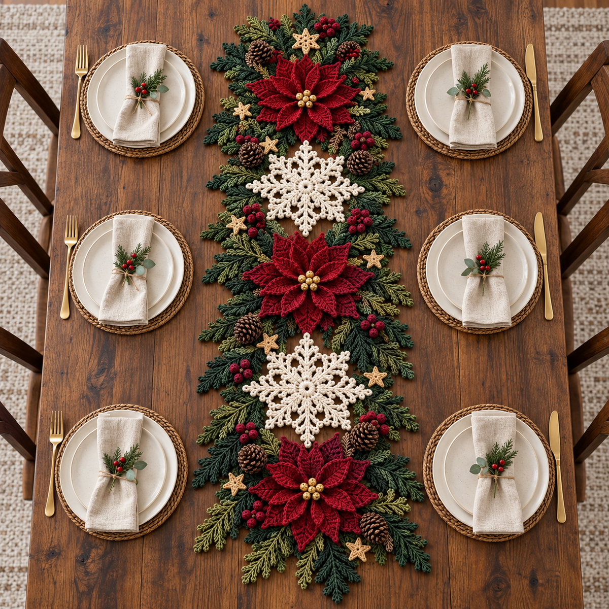 Poinsettia Snowflake Table Runner Crochet Pattern – Christmas Decor PDF