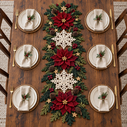 Poinsettia Snowflake Table Runner Crochet Pattern – Christmas Decor PDF
