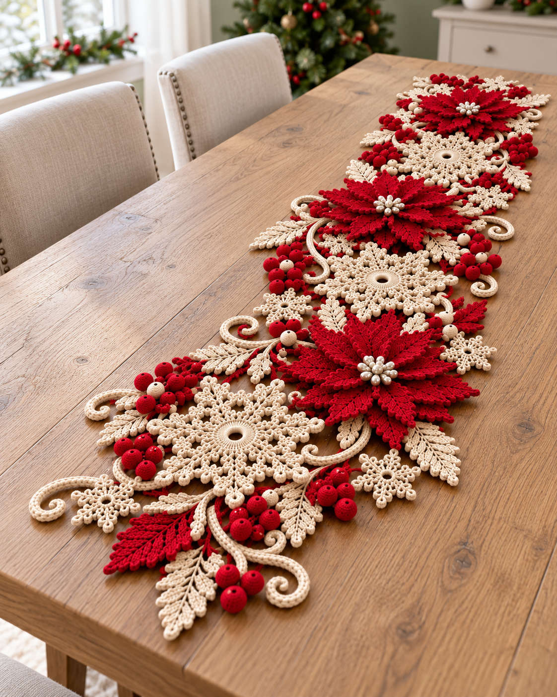 Poinsettia Snowflake Crochet Table Runner Pattern PDF – Christmas Decor