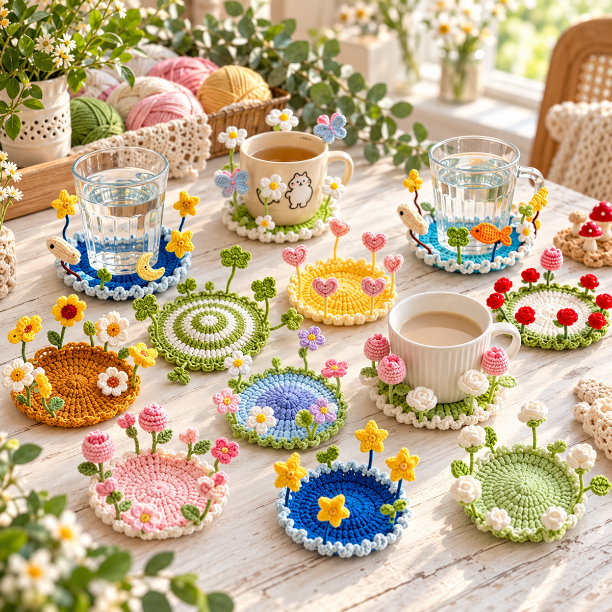 Crochet Pop Up Coaster Pattern Bundle PDF – 16 Flower, Mushroom & 3D Designs