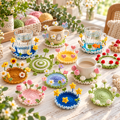 Crochet Pop Up Coaster Pattern Bundle PDF – 16 Flower, Mushroom & 3D Designs