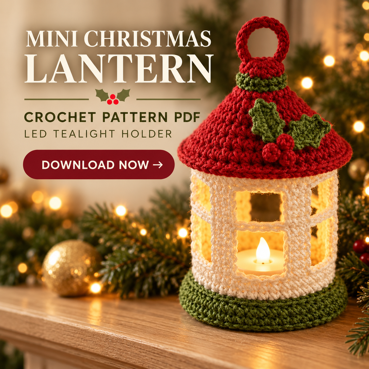 Mini Christmas Lantern Crochet Pattern PDF – LED Tealight Holder