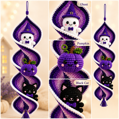 Halloween Crochet Spiral Wind Spinner Pattern PDF, Ghost Pumpkin Cat Amigurumi Spooky Hanging Decor Tutorial