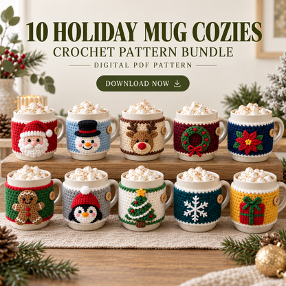 10 Christmas Mug Cozy Crochet Patterns PDF – Beginner Holiday Bundle