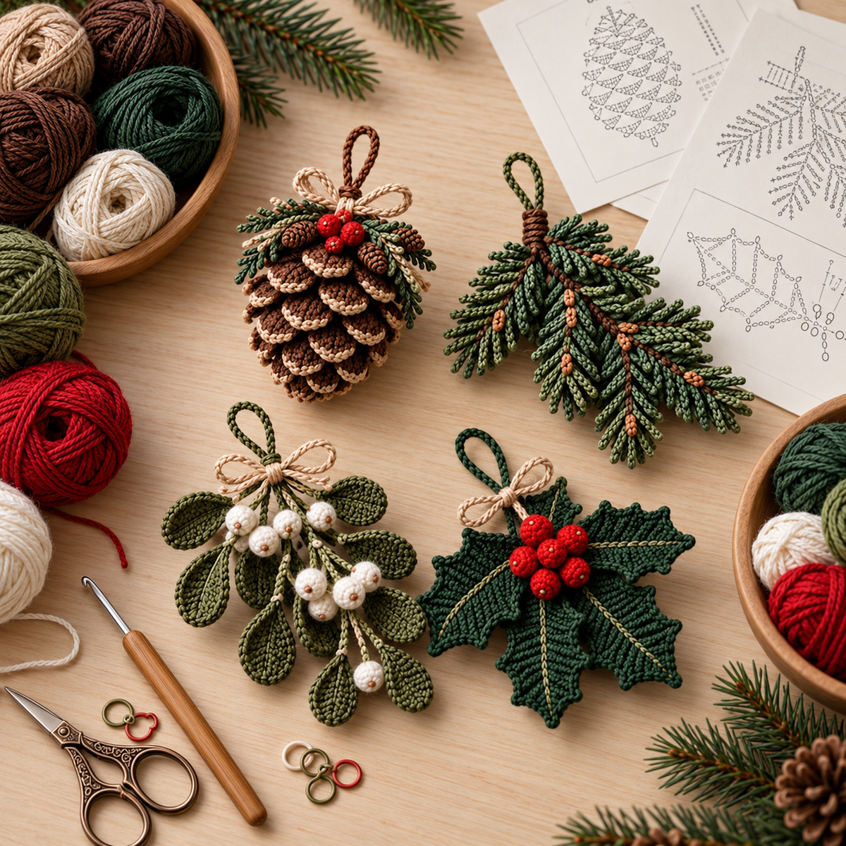 Christmas Crochet Ornament Pattern Bundle PDF – Pinecone, Holly & Mistletoe