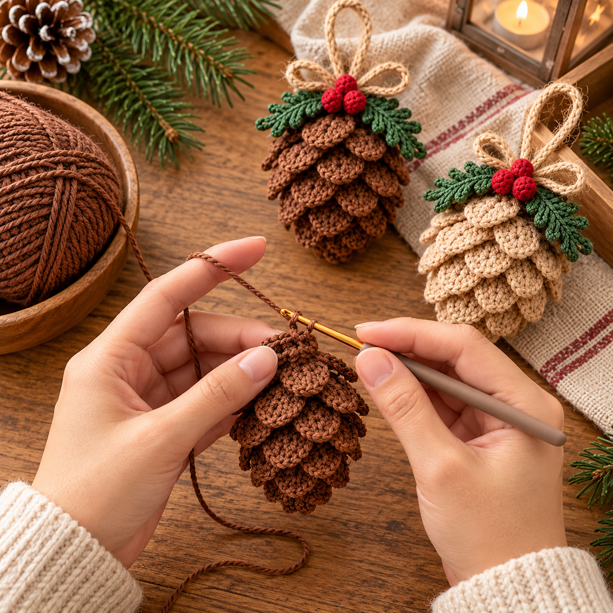 Crochet Pinecone Christmas Ornament Pattern PDF, Rustic Woodland Tree Decor