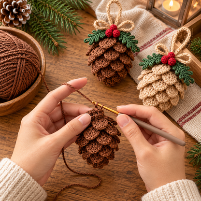 Crochet Pinecone Christmas Ornament Pattern PDF, Rustic Woodland Tree Decor