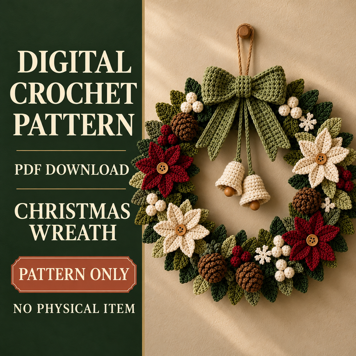 Crochet Christmas Wreath Pattern PDF – Poinsettia Holiday Door Wreath