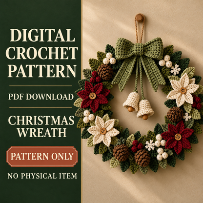 Crochet Christmas Wreath Pattern PDF – Poinsettia Holiday Door Wreath