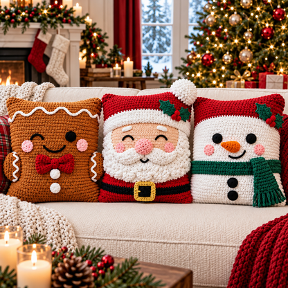 6 Christmas Crochet Pillow Patterns PDF Bundle – Santa, Snowman & Reindeer