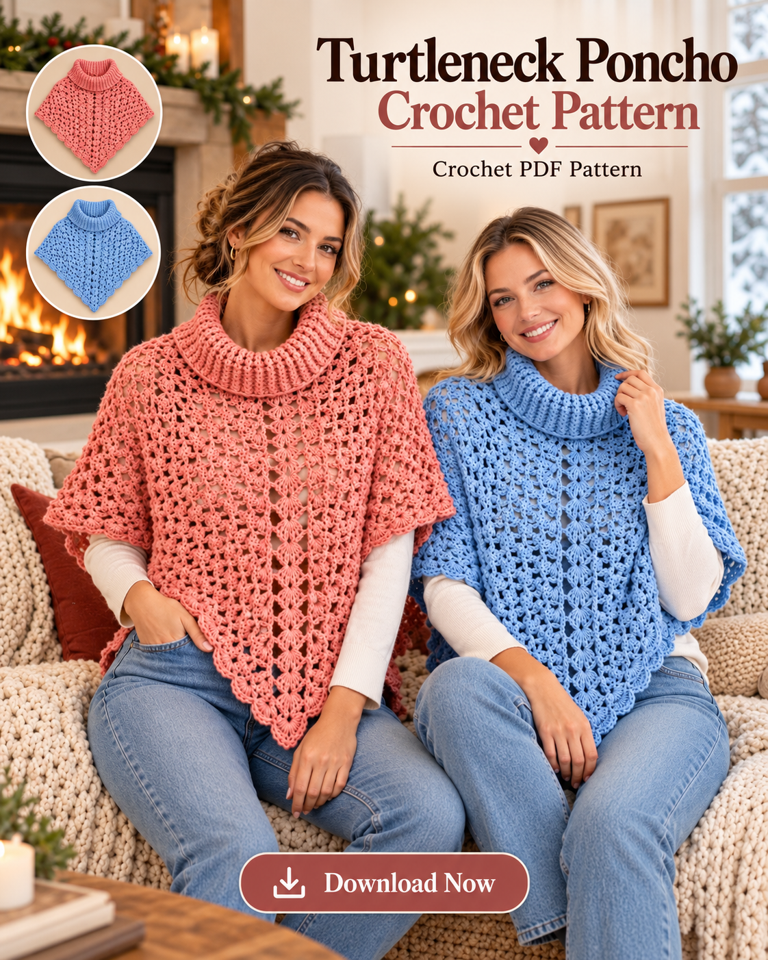 Crochet Turtleneck Poncho Pattern PDF – Lace Poncho for Women