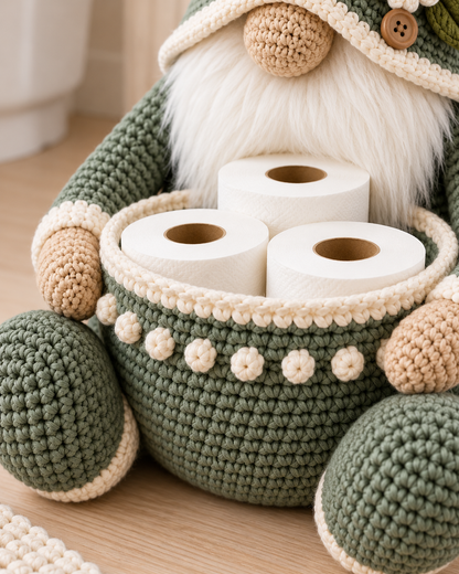 Gnome Toilet Paper Holder Crochet Pattern PDF – Bathroom Storage Basket