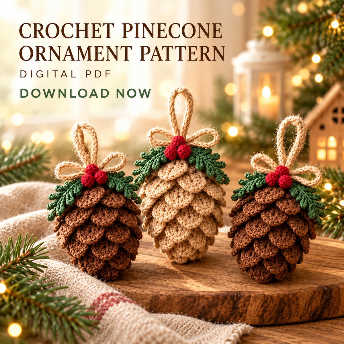 Crochet Pinecone Christmas Ornament Pattern PDF, Rustic Woodland Tree Decor