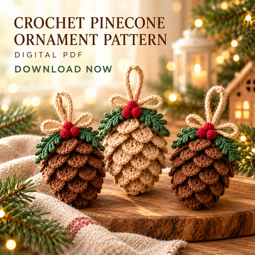 Crochet Pinecone Christmas Ornament Pattern PDF, Rustic Woodland Tree Decor