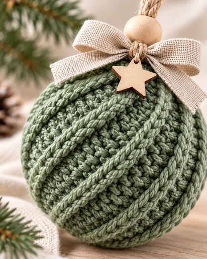 Crochet Christmas Bauble Pattern PDF – Twisted Rib Ornament with Bow