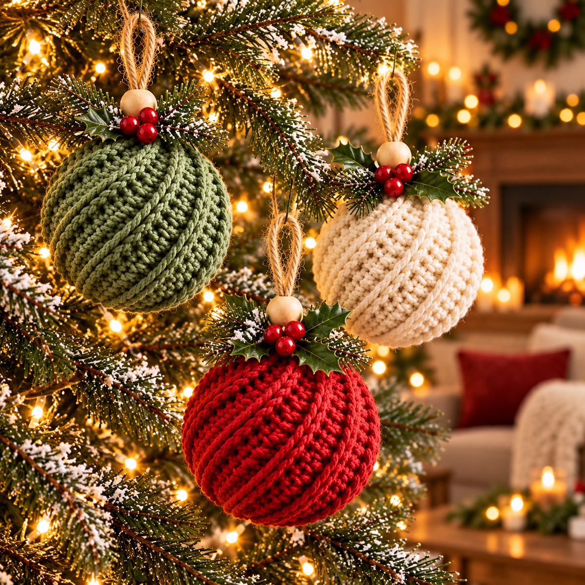 Crochet Christmas Ornament Pattern PDF, Twisted Rib Bauble, Wooden Bead & Linen Bow