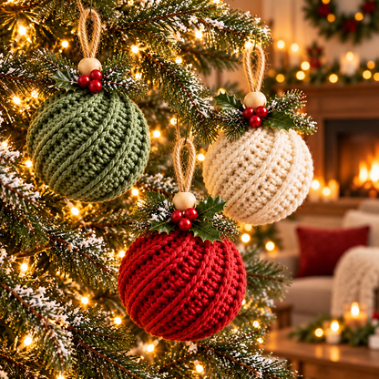 Crochet Christmas Ornament Pattern PDF, Twisted Rib Bauble, Wooden Bead & Linen Bow