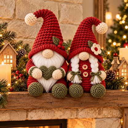 Christmas Gnome Couple Crochet Pattern PDF, Male & Female Amigurumi Shelf Sitters