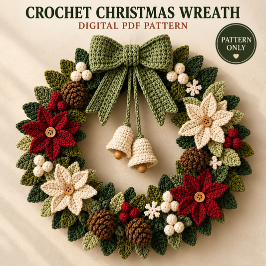 Crochet Christmas Wreath Pattern PDF – Poinsettia Holiday Door Wreath