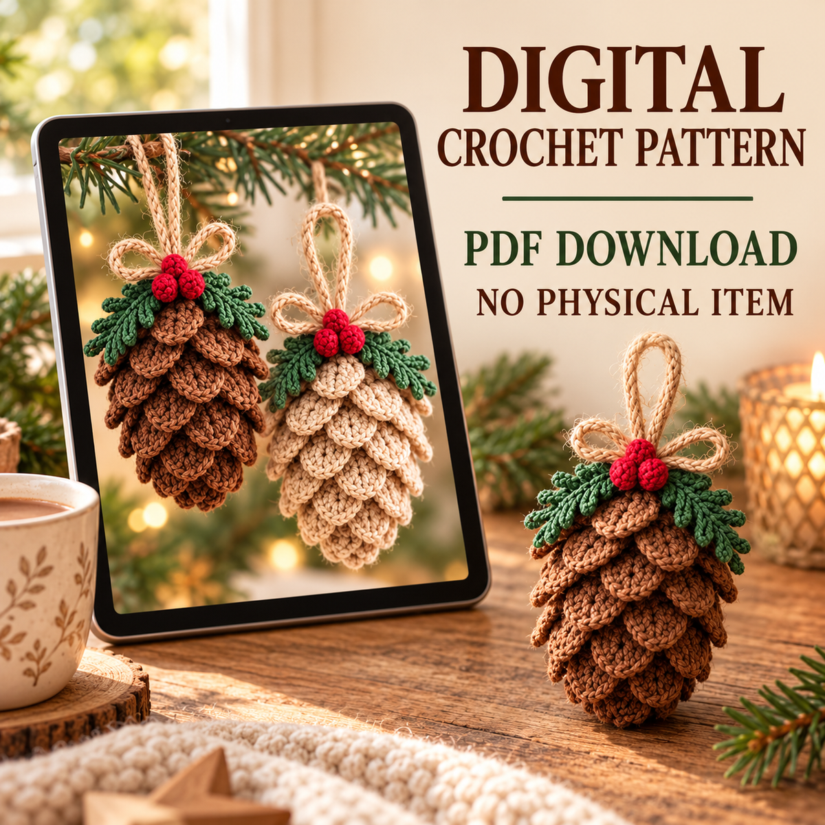 Crochet Pinecone Christmas Ornament Pattern PDF, Rustic Woodland Tree Decor